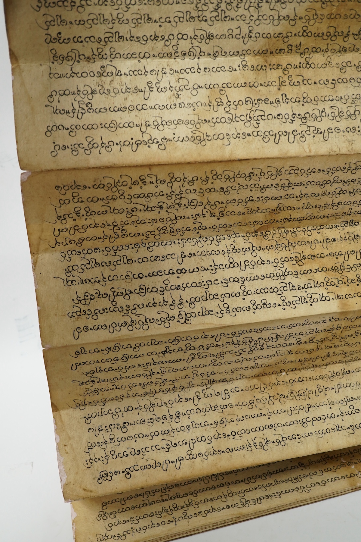 A Burmese Buddhist folding sutra with painted decoration, 40cm wide. Condition - fair